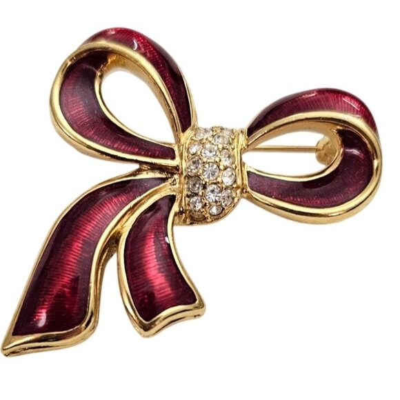Monet Red Bow Brooch Clear Rhinestone Pin Signed - Picture 1 of 10